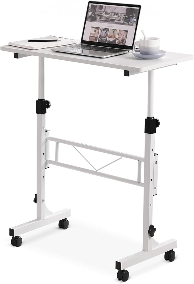 Amztabler Small Standing Desk Adjustable Height, Mobile Stand Up Desk with Wheels, 32 Inch Portable Rolling Desks Conference Room Tables for Walking Pad Treadmill White