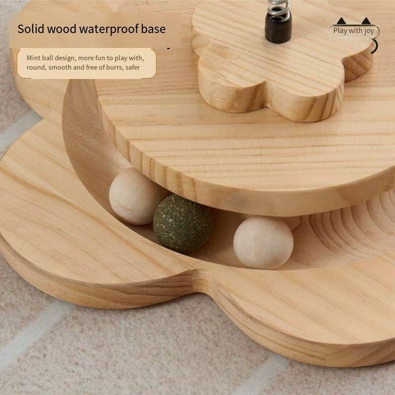 Image of Solid Pine Wood Cat Toy Scratching Post with Roller Ball Track, Catnip Balls & Feather Toy - Modern Sisal Cat Scratcher Tower for Indoor Cats- Flower Style