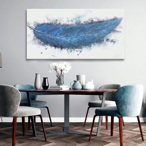 Toile abstraite plumes bleues 80x180 cm avec cadre doré pour la déco du salon