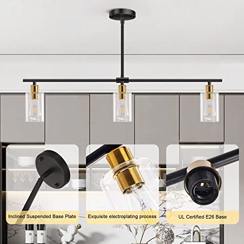 Yarlkav Kitchen Island Lighting, 3 Lights Linear Chandeliers Rectangle Pendant Light Fixtures For Dining Room Farmhouse Hanging Light With Glass Shades Hanging Lights(Black & Gold) #TOP2