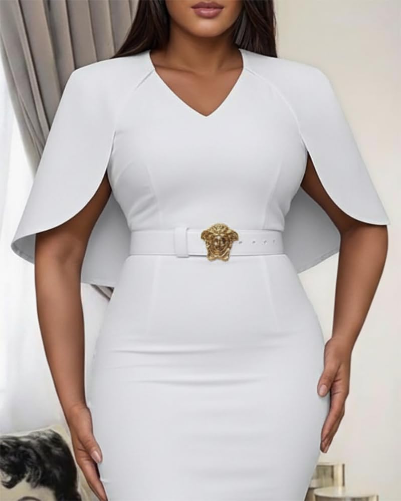 CHICME Women's Elegant Cape Sleeve Bodycon Midi Dress V-Neck Back Slit Slim Fit Cocktail Pencil Dress - Image 3