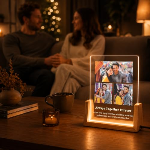 Image of Giftplease Personalized LED Acrylic Photo Frame with Custom Photos & Text | Engraved Picture Lamp with Wooden LED Base | USB Powered Night Light | Anniversary, Wedding, Birthday, Couple, Family, Decor