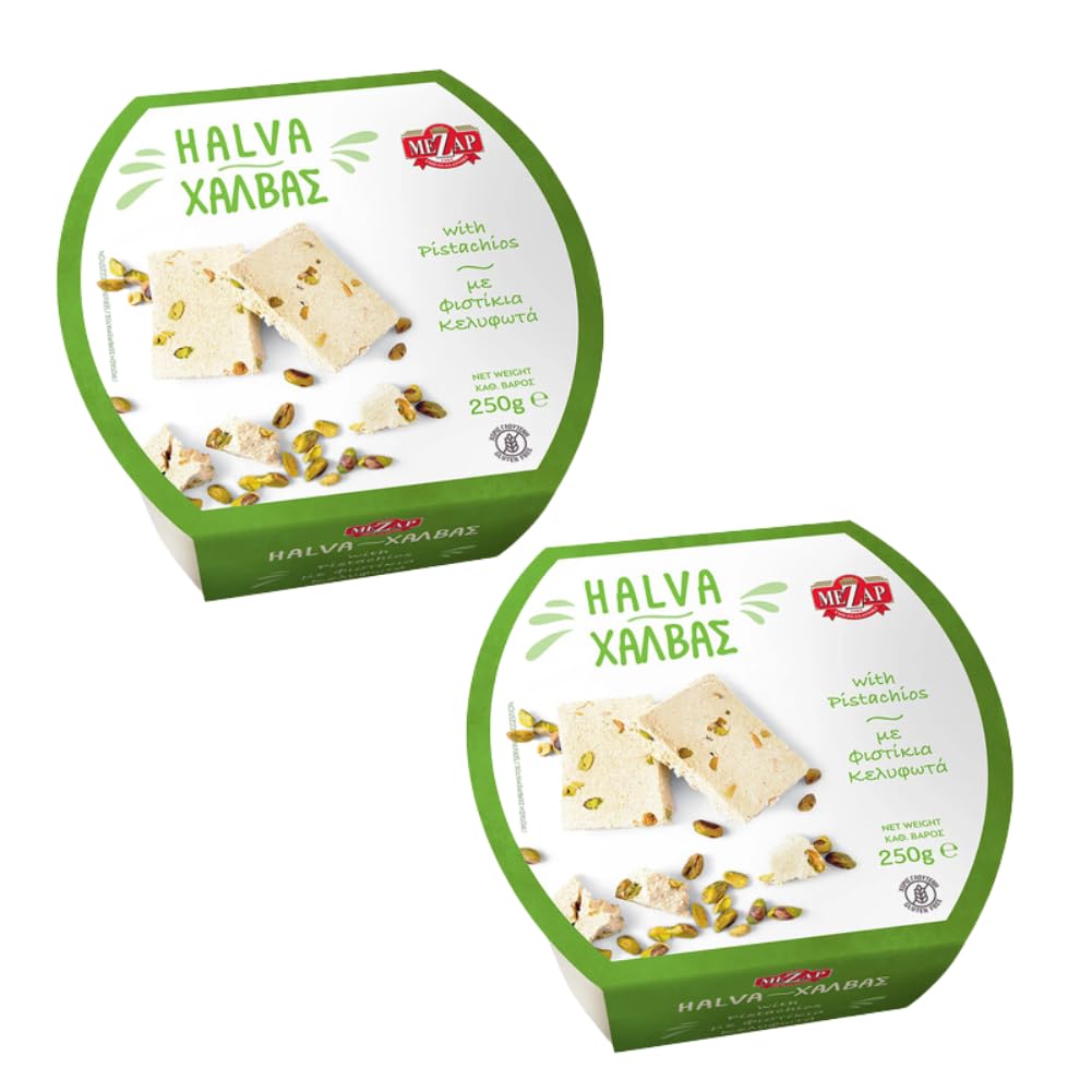 MeZap Classic Greek Halva with Pistachio Pack of 2 x 250g, Vegan Gluten Free Sweets with Pistachio Nuts