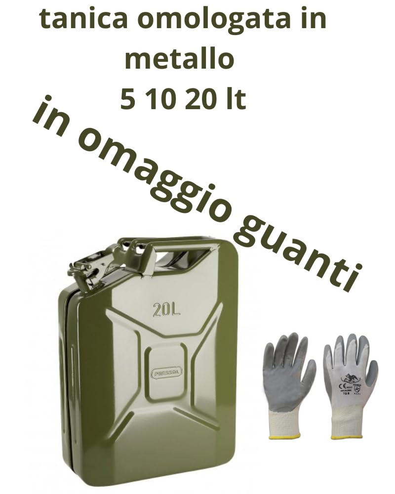 PINTO FERRAMENTA Tanica Benzina Gasolio Carburante Omologata 5 10 20 litri in Plastica o Metallo Beccuccio Guanti in Omaggio per Auto Barca Moto Motosega per Trasporto in Sicurezza (METALLO 20LT)