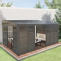 Domi 12x16FT Wall Mounted Sunroom, Against Wall Solarium with Galvanized Steel Sloping Roof, Detachable PC Screen, Front and Two Side Sliding Doors, Lean-to Gazebo Sun Room for Patio Deck