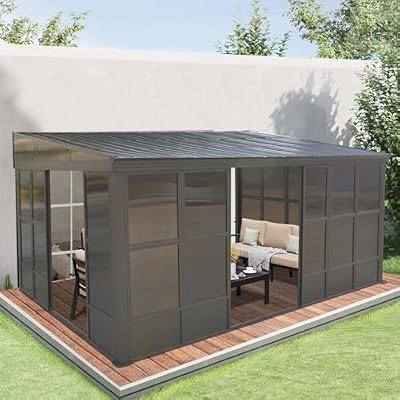 Domi 12x16FT Wall Mounted Sunroom, Against Wall Solarium with Galvanized Steel Sloping Roof, Detachable PC Screen, Front and Two Side Sliding Doors, Lean-to Gazebo Sun Room for Patio Deck