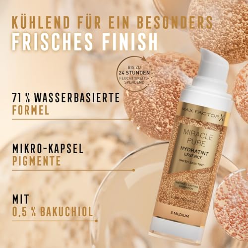Max Factor Miracle Pure Hydratint Essence, feuchtigkeitsspendendes Make-up mit leichter Deckkraft, 71% wasserbasiert, mit Mikro-Kapsel Pigmenten, 30 ml, Fb. 4 Light-Medium