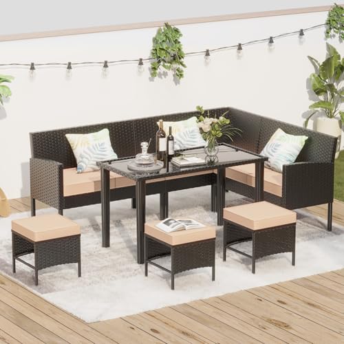 DancingSwan 7-Piece Patio Furniture Set: All-Weather Wicker with Glass Table