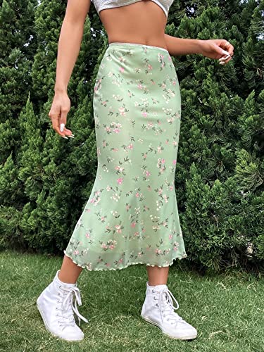 Image of GORGLITTER Women's Floral Mesh Lettuce Trim High Waist Boho Mermaid Midi Skirt