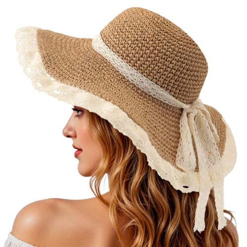 Image of Beach Hats for Women, Sun Hat UPF 50+ UV Protection Wide Brim Floppy Foldable Packable Summer Straw Hat (Khaki)