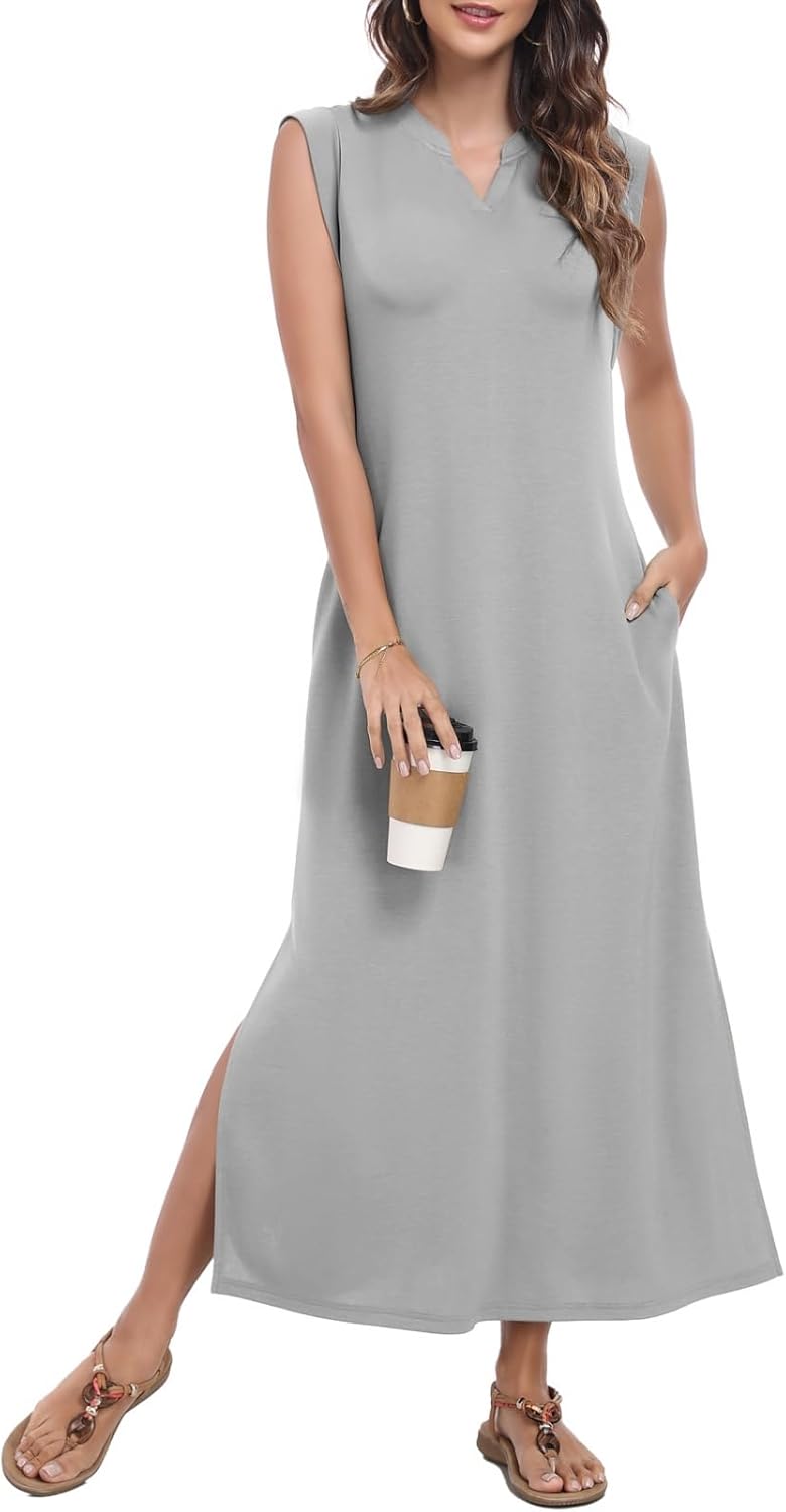 Women's Slim Fit Maxi Dress 2025 Summer Sleeveless Casual Elegant Vacation Dress with Pockets - Image 3