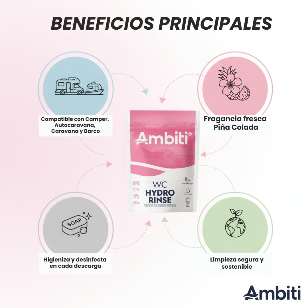Ambiti | WC Rinse | Monodosis Hidrosolubles para Cisterna de Inodoros Portátiles y Cassettes |Desinfecta y Perfuma en Cada Descarga |Camper,Autocaravana,Caravana y Barco |Piña Colada |15 Ud