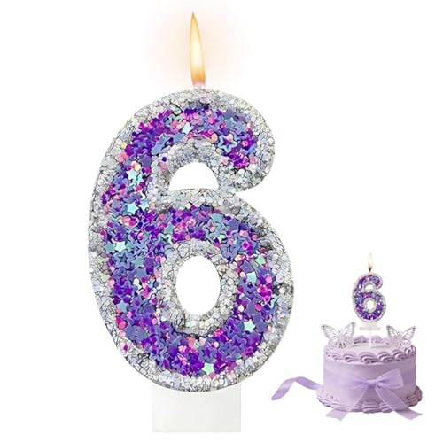 Purple Number Birthday Candles, Glitter Star Number 6 Candles, Witch Themed Parties Candles Toppers, Birthday Number Candles for 6th Birthday Party, Anniversary, Anniversary Cake Decorations Supplies