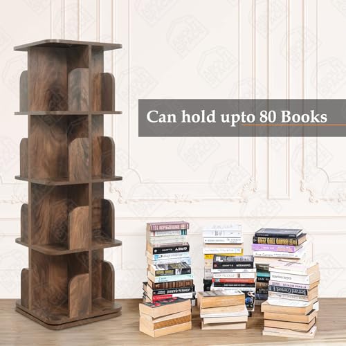 Image of ABOUT SPACE Rotating Book Shelf for Home Library - 4 Tier 360 Book Rack | Wooden Square Bookstand with Partition Curved Edges, Bottom Turnplate for Office Livingroom (Walnut - L 40 x B 40 x H 130cm)