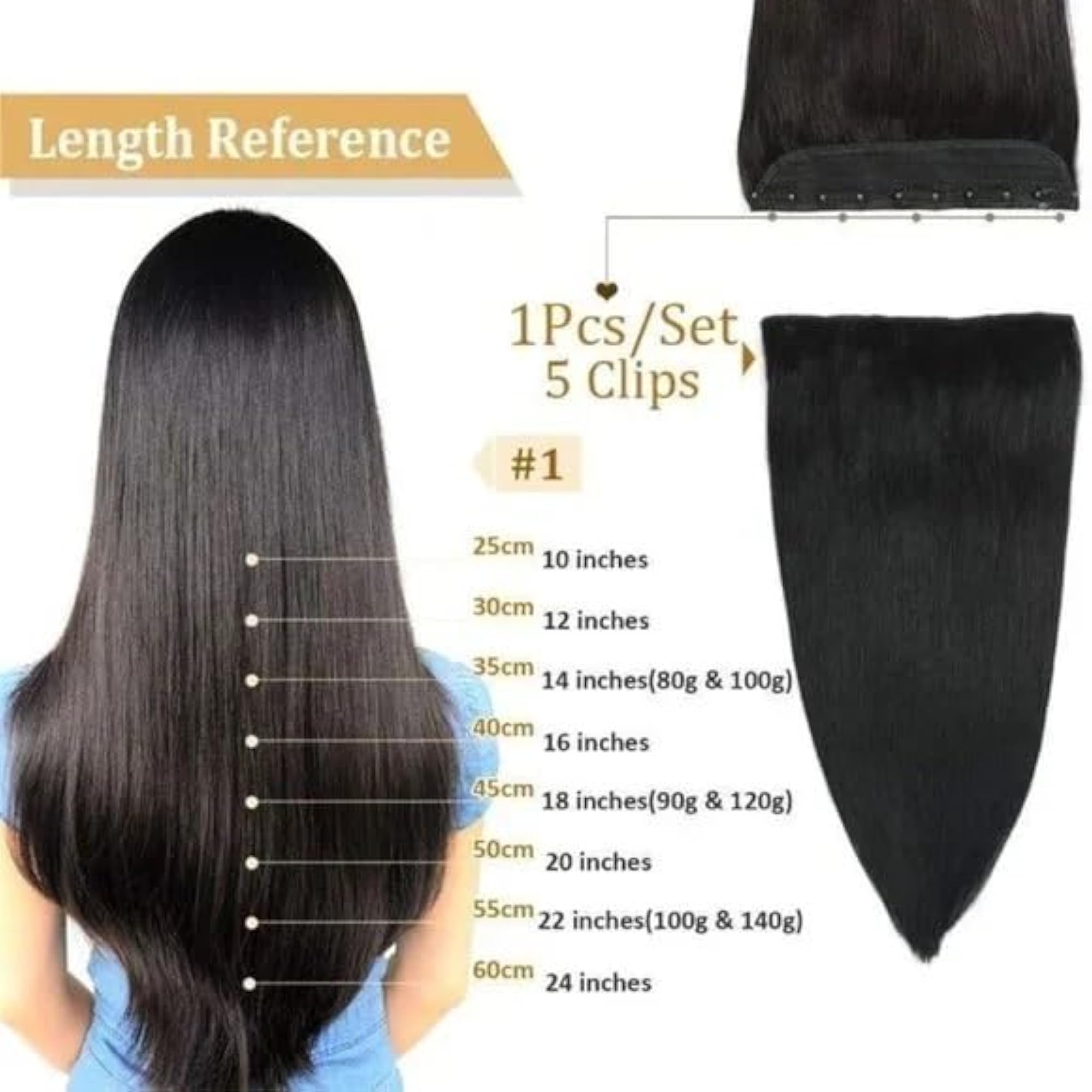Clip On Real Human Hair Extensions, 18 Inch Natural Black
