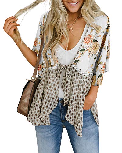 Women Floral Kimono Cardigans 3/4 Ruffle Sleeve Lightweight Patchwork Flowy Boho Tie Loose Cover Ups