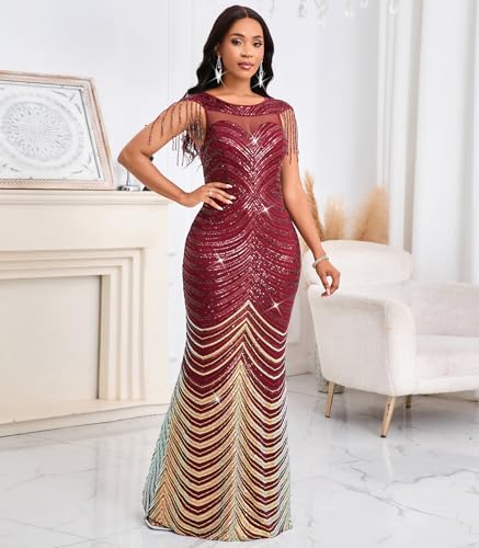 Image of Cololura Women Sexy Sequin Mesh Perspective Bodycon Party Cocktail Evening Gown Maxi Dress