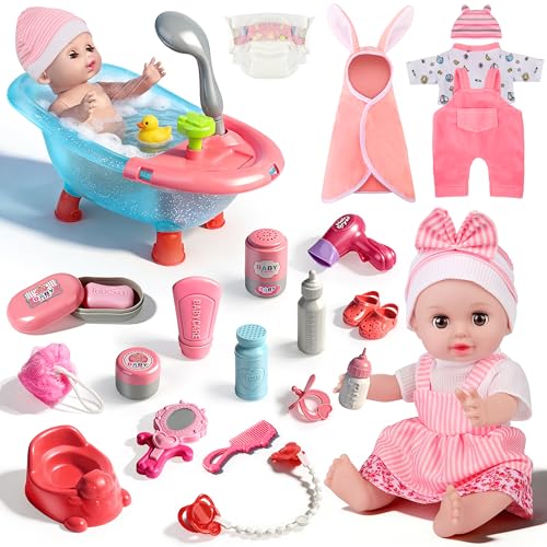 Ulikey Badewanne Puppe Set 30cm Babypuppe mit Zubehör Funktionierendem Duschspray Puppenkleidung Schnuller Flasche Badezubehör Puppe Baby Kinder Spielzeug Geschenk ab 2 3 4 Jahre