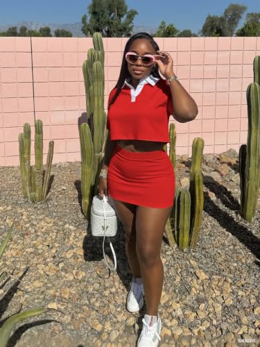 Image of HBQ Women's Casual 2 Piece Skirt Sets Polo Collar Crop Top Striped Mini Dress Summer Vacation-Stripe