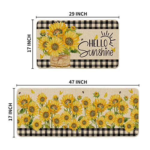 Artoid Mode Buffalo Plaid Sunflower Summer Fall Kitchen Mats Set Of 2, Hello Sunshine Home Decor Low-Profile Kitchen Rugs For Floor - 17X29 And 17X47 Inch #TOP30