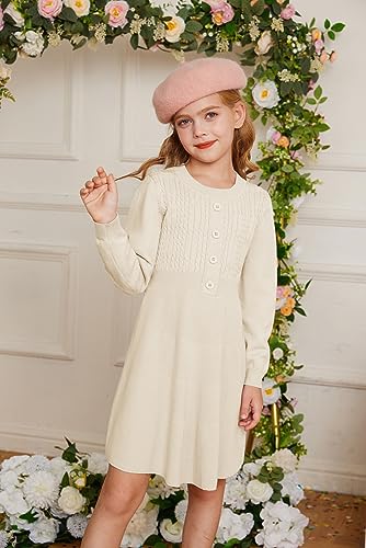 GRACE KARIN Girl Dress Long Sleeve Sweater Ruffle Button Front Knit Casual Fall Winter Dresses for Girls 5-122