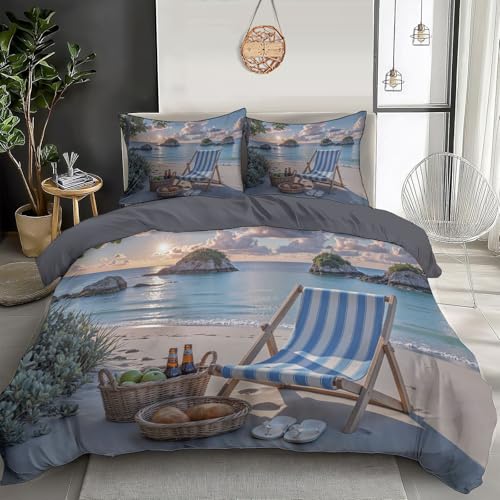 Parure de lit de luxe motif plage imprimé bleu en microfibre premium