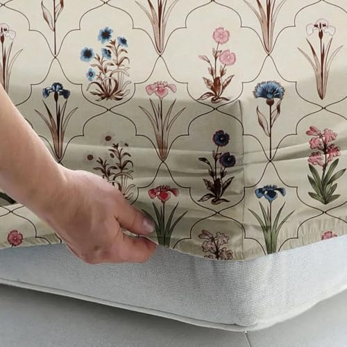 Image of 300 TC Cotton Feel Glace Cotton Elastic Fitted Bedsheet for King Size Double Bed | Fits up to 8 Inch Mattress | Printed Bedsheet with 2 Pillow Covers (Auralia, Double Size - 72 inchx72 inch)