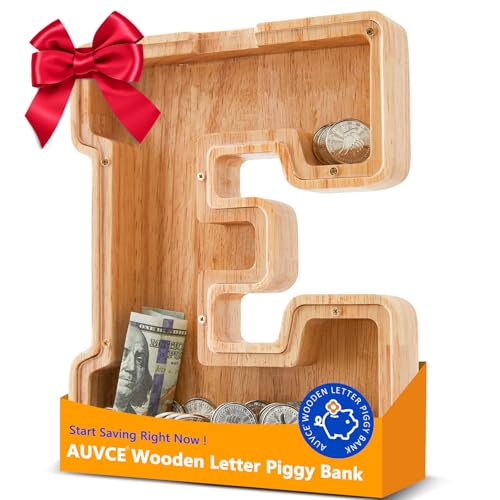 AUVCE Wooden Initial Piggy Bank - Large Solid Wood Money Box for Kids - Personalized Letter Money Bank, Unique Educational Gift Decor for Baby Shower,...