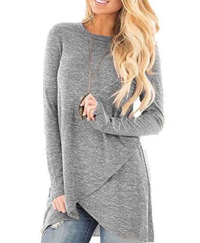 Yutila Sweat-shirt à manches longues et col rond irrégulier pour femme - Gris - Large Cover