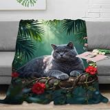 WXLWHR Manta Polar Gato British Shorthair, Suavidad De Nube Manta Jungla de Hoja de Palma para Sofá, Cama Y Viajes Regalo 60x80inch(150x200cm)