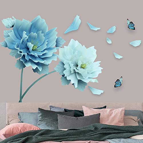 Supzone Blue White Flower Wall Sticker Large Lotus Wall Decals Floral And Butterfly Wall Decor Diy Vinyl Mural Art For Bedroom Living Room Offices Study Room Home Decoration #TOP4