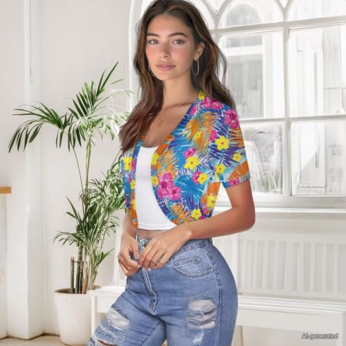 Image of Womens Short Sleeve Cardigans Lightweight Summer Cardigan Trendy Bolero Shrug Cute Floral Cardigan Sheer Bolero