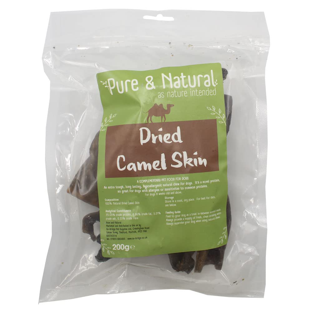 Pure & Natural Camel Skin Dog Chew - All Natural, High Protein, Low-Fat, Hypoallergenic Dog Treats for Puppies, Seniors 200g Bag.
