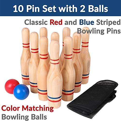 Sterling Sports Premium Wooden Lawn Bowling Skittles Set 11" Pins With Carrying Mesh Bag - 10 Heavy Solid Wooden Pins And 2 Balls - For Indoors And Outdoors #TOP3