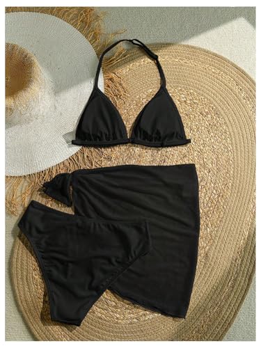 Image of SOLY HUX Girl's Summer Swimsuit Set Floral Halter Triangle Bikini Set with Wrap Skirts Beachwear