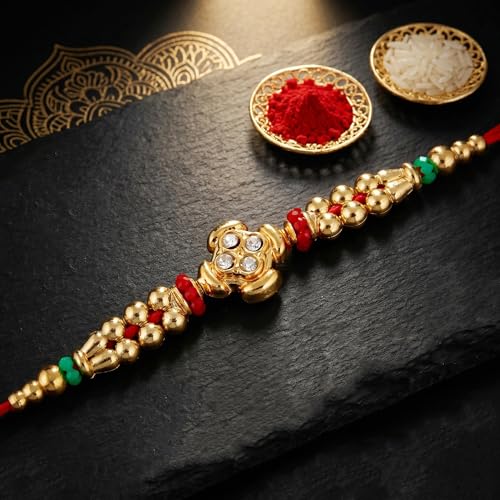 Image of Lucky Jewellery Rakhi for Brother, Golden Floral Stone Design, Red Thread, with Roli Chawal and Greeting Card