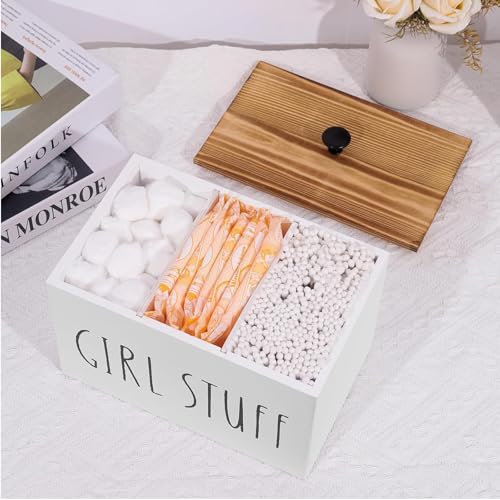 Tampon Holder Tampon Organizer Rustic Wood Bathroom Storage Bin with Lid Movable Partition Storage Container with 3 Compartment Feminine Product Wood Tampon Dispenser (White) - Image 3