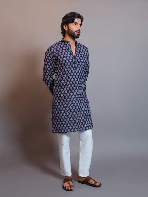 Image of Vastraa Fusion Men's Printed Kurta Pure Cotton Long Kurta, Round Collar, Full Sleeves, Button Kurta, Ethnic Wear