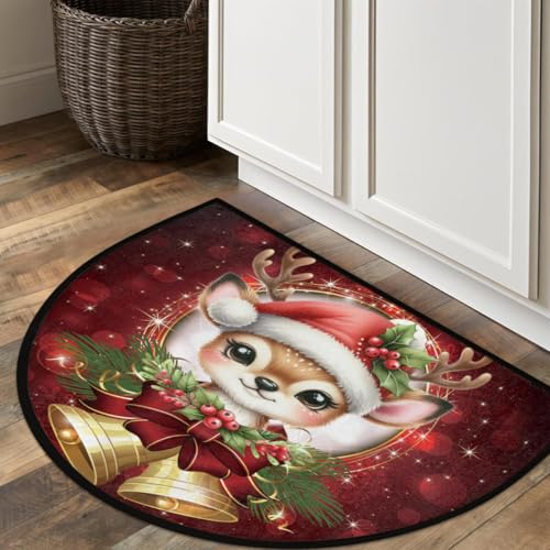 Image of cfpolar Christmas Deer Bells Holly Half Round Door Mat Outdoor Entrance Large 24 inchx36 inch Half Circle Welcome Entrance Way Mat Semi Circular Front Door Mat Area Rug for Garage, Patio, High Traffic Areas