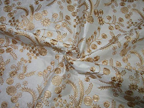 Tissu en soie brute polyester ivoire à broderies florales dorées au yard FF15