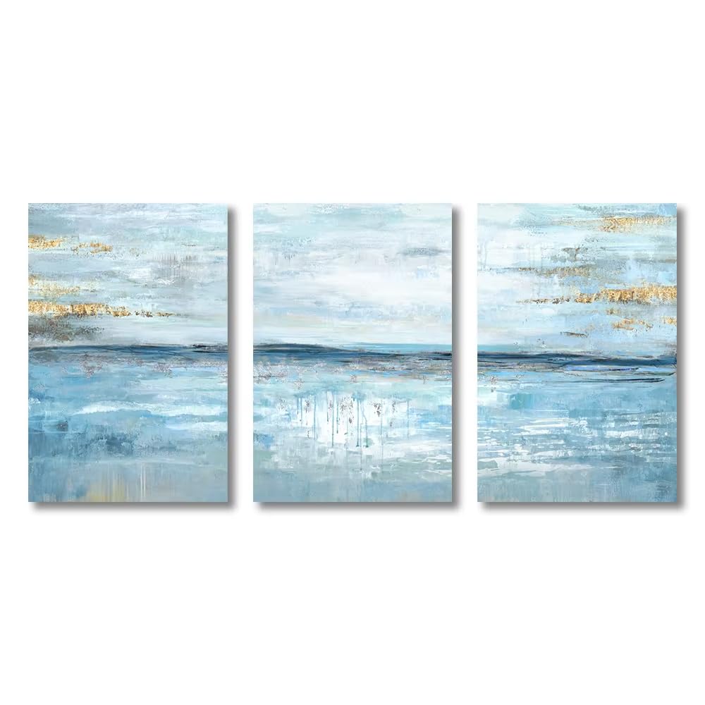 XIANGPEIFBH 3PCS Posters Abstract Light Blue Gold Foil Canvas Painting Pictures Nordic Wall Art Print for Living Room Home Decor((70x100cm/28x39in) x3/Unframed)