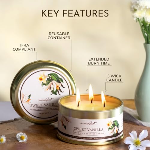 Image of Aromahpure Vanilla 3 Wick Candle in Container with Lid | 85g | Burn Time 7 Hours | Scented Candle | Relaxing Aromatherapy Candles for Home Decor, Gifting, Bedroom & Spa