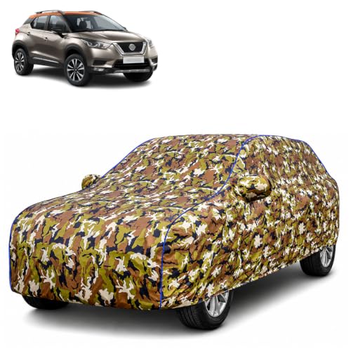 Image of Waterproof Car Body Cover for Nissan Kicks with Mirror Pocket| Cotton Inner Lining | Triple Stitched | All Weather Protection | Dust, UV & Rain Proof (Camouflage with Blue Piping)