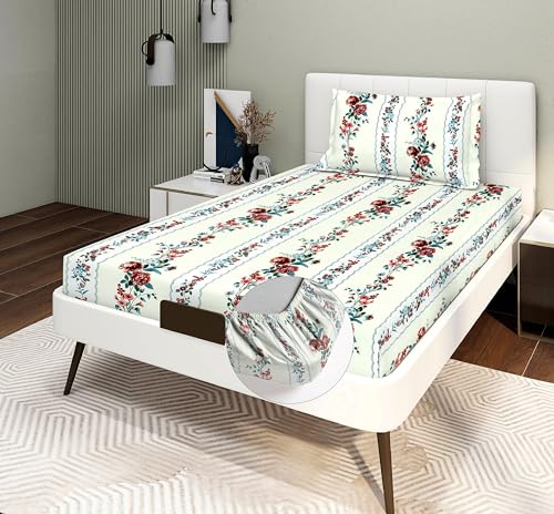 Image of RD TREND Presents Luxurious Glace Cotton Super Soft 210 TC 360 Elastic Fitted Bedsheets Single Bed Size (72 x 48 x 8 Inch) with 1 Pillow Cover Size (28 x18), Color- Lemon, Floral