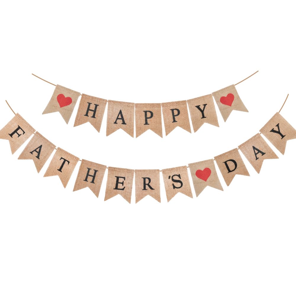 Happy Father's Day Burlap Banner Decoration with 3 Hearts Burlap Father's Day Bunting Dad's Home Indoor Outdoor Holiday Party Dad's Day Special Decoration Background NO DIY