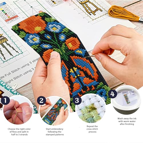 Image of ACRNIGHEET 6PCS Cross Stitch Kits Stamped Cross Stitch Bookmark Kit for Beginner Adults Easy Flower DIY Embroidery Bookmark Kit Needlepoint Kits with Instructions Book Lovers Craft Gift 8.5''x3'' 11CT