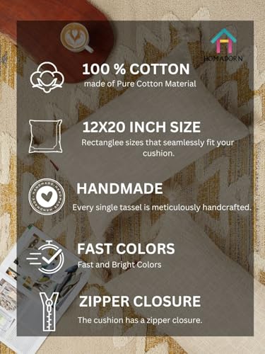 Image of HOMADORN Luxury Cotton Handmade Decorative Boho Throw Pillow Covers with Tassels for Sofa Couch Living Room Indoor Outdoor Chair Car Farmhouse (12X20 INCHES (Rectangle), Off White (Pack of 2))