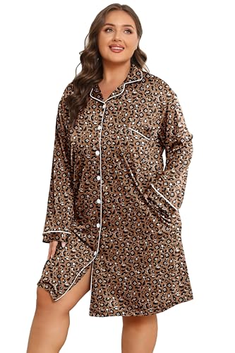 Image of Vozanet Women Button Down Nightgown Plus Size Nursing Nightshirt Long Sleeve Nighty Bridal Dress with Pockets XL-5XL