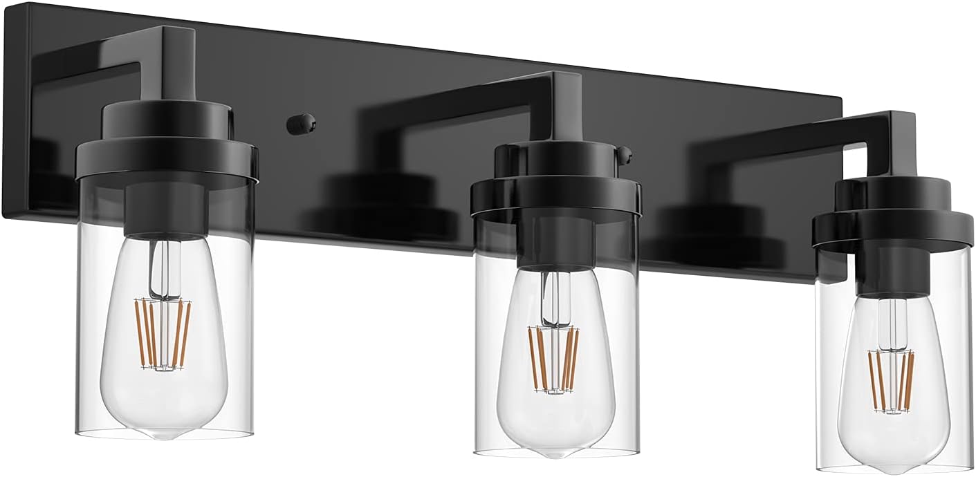 MELUCEE Vintage Bathroom Lighting Fixtures Over Mirror, 3-Light Modern Vanity Lights Black Finish Industrial Wall Sconce with Clear Glass Shade