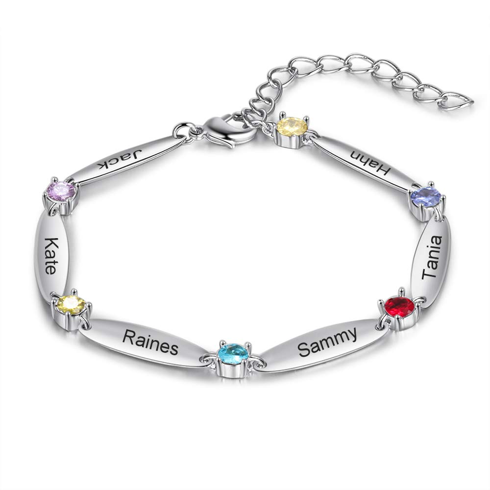 ALBERTBAND Personalized Birthstone Name Bracelets Engraved 1-6 Names Family Bracelet Adjustable Child Bracelet Charms for Daughter Mother Friends Birthday Christmas